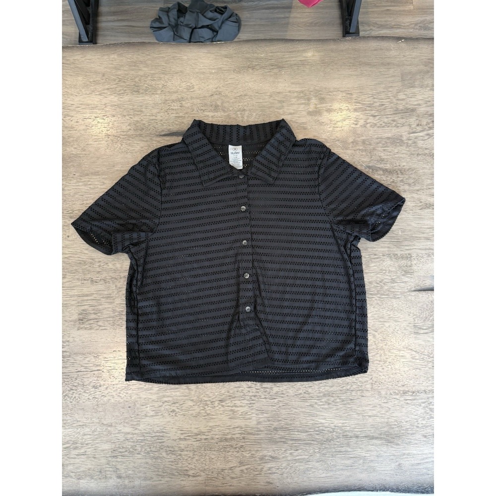 Hurley Shirt Womens Large Black Mesh Stripe Cropped Short Sleeve Button Up Top